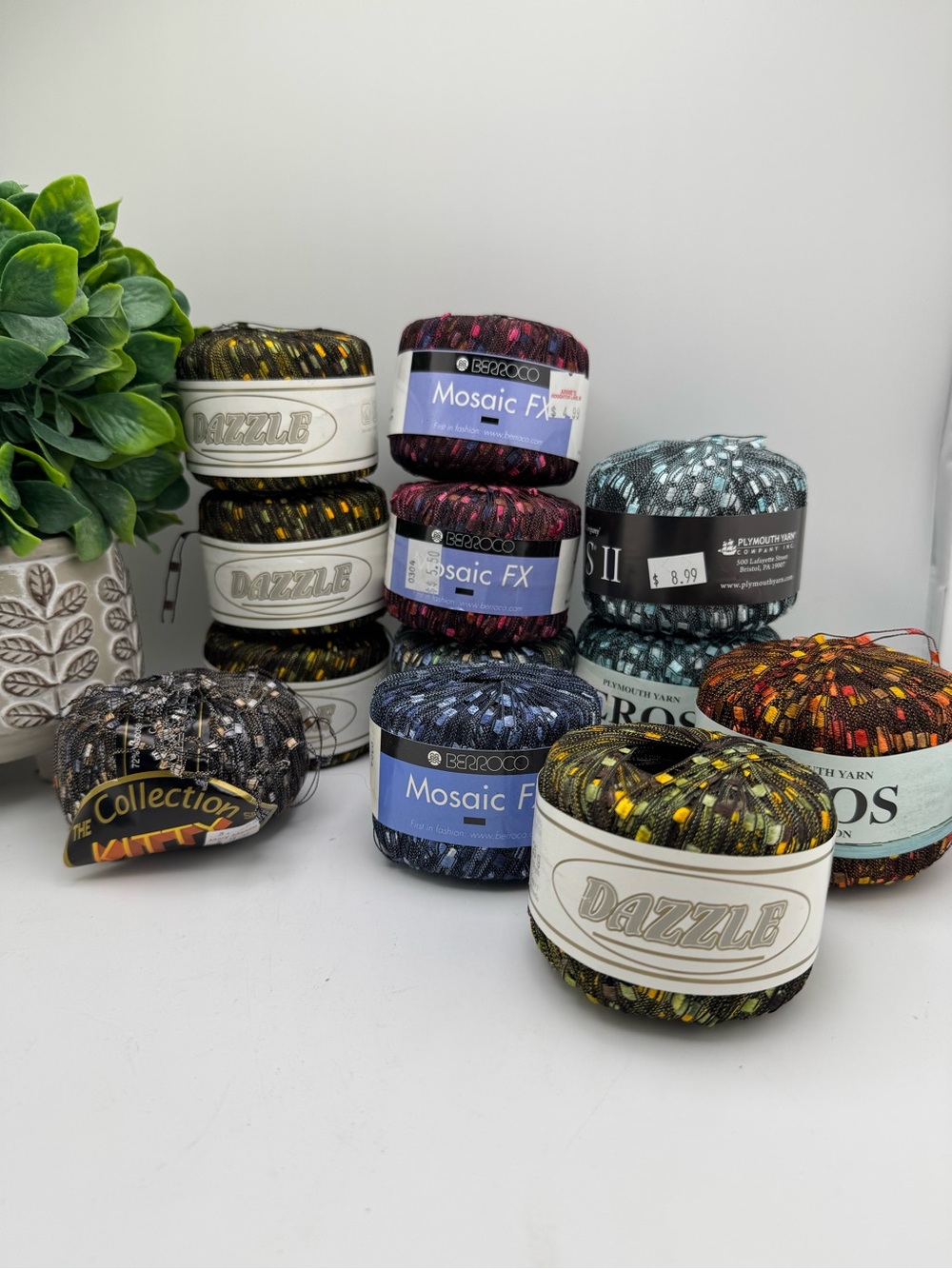 12 skeins - Novelty Yarn - Plymouth Eros, Dazzle, Berroco Mosaic FX